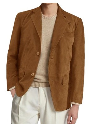 Men's Caramel Brown Classic Suede Blazer Pure Suede Leather 2 Button Jacket Coat