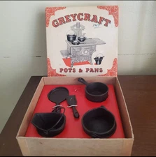 VTG Child Greycraft Miniature Cast Iron Pots Pans Grey Iron Casting Co. U-120