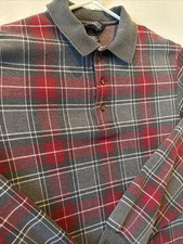 Vintage Lands End Rugby Shirt Mens Small Red & Gray Plaid 90s Made In USA
