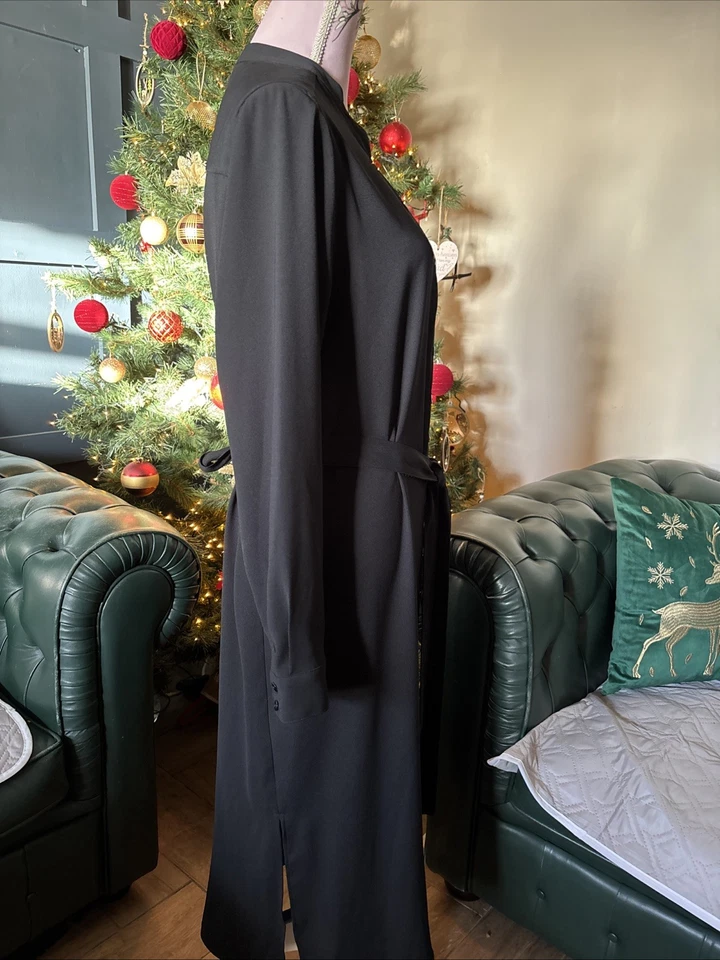 M&S Collection 16-18 Shirt Dress Long Sleeve Black Side Splits Tie Belt Lined - Image 3 of 4