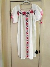 VTG 70s Mexican Folk Embroidered Festival Beach Boho Cotton Caftan Tunic Dress