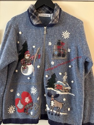 Victoria Jones Snowman Cabin Deer Winter Sweater SO SOFT!! Zip Up Cozy Comfort