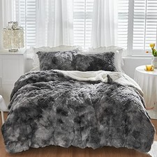 Faux Fur Plush Shaggy Comforter Set White with Black 3 Pieces King Black White