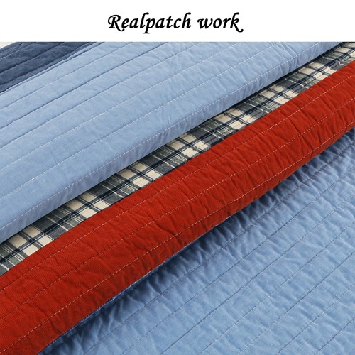 Navy Red Denim Plaid 100%Cotton Quilt Set, Bedspread, Coverlet - Picture 3 of 5