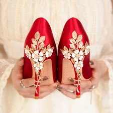 Women's Flower Beaded Satin Classic Slip On Dress Formal Wedding Pumps Shoes New