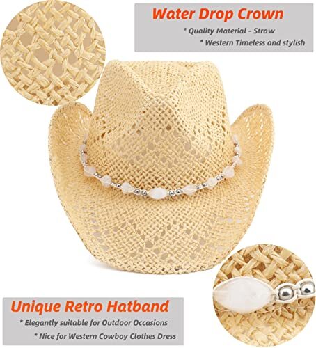 9445 Men Women Cowgirl Straw Western Cowboy Hat (bead-beige) Cream BEIGE COWBOY Paper Straw HAT Beads Cowboy Cowgirl Men  main image 2