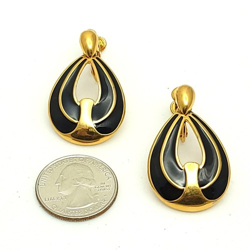 Vintage Napier Black Enamel Screw Back Earrings Door Knocker Teardrops Gold Tone - Picture 3 of 13