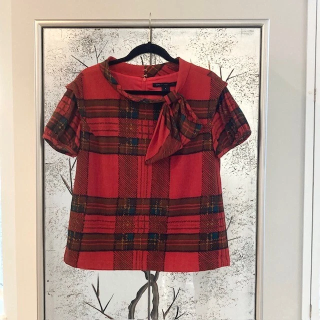 Blusa Top Marc by Marc Jacobs Pequeña Roja Lana a Cuadros Lazo Retro Manga Abullonada Foto 2 de 4