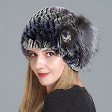 Women Warm Real Rex Rabbit Fur Hat Snow Cap Winter Hats Knit Beanies Fluffy Hat