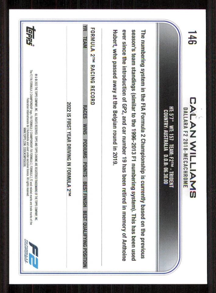 2022 Topps Chrome Formula 1 #146 Calan Williams CAR - Image 2 of 2
