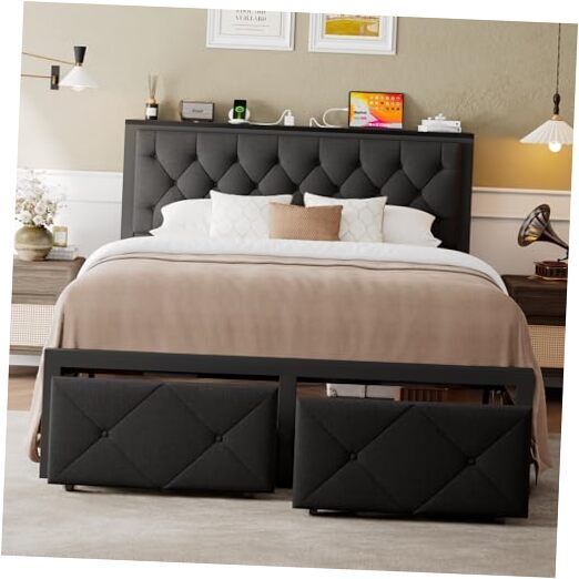 Full Size Bed Frame with 2 Storage Drawers, Metal Platform Bed with Charging