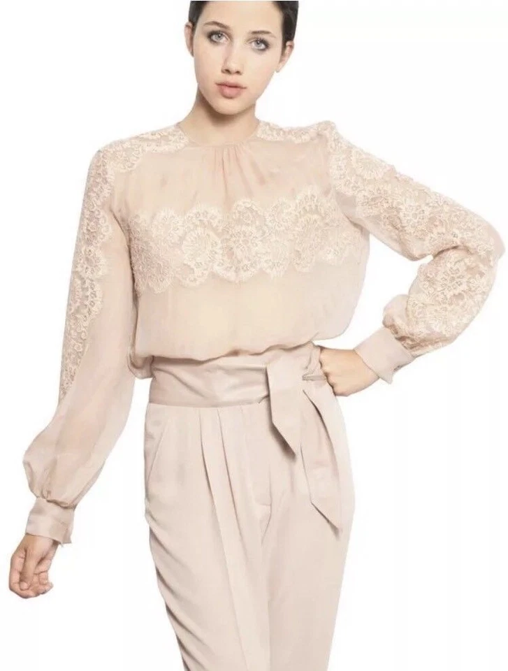 BLUSA DE GASA CON RIBETE DE ENCAJE TRANSPARENTE MELOCOTÓN VALENTINO NUEVA CON ETIQUETAS Talla 40 ¡Agotada!!