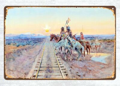 outdoor Charles M. Russell 1924 painting Trail of the Iron Horse metal tin sign