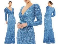 Mac Duggal French Blue Sequin Puff Sleeve Beaded Waist Wrap Gown Size 16 $498