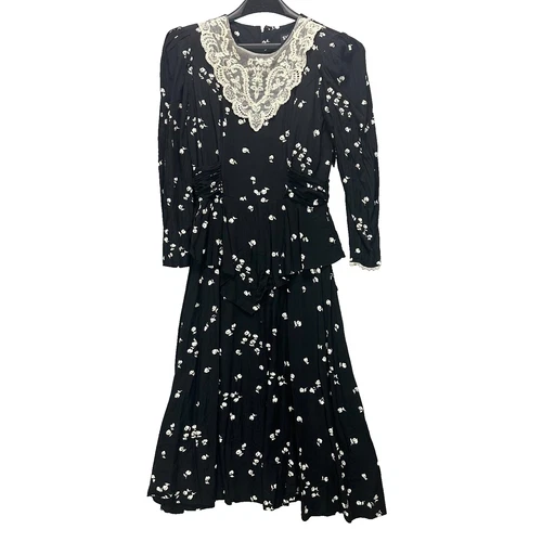 Vintage Womens Puff Sleeve Dress Lace Trim Victorian Floral Peplum 7/8 Tie 80s