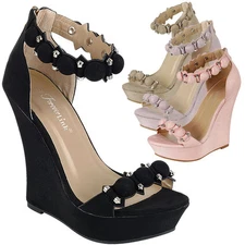 Women Open Toe High Heel Platform Wedge Sandal Pump Stud Bead Button Ankle Strap