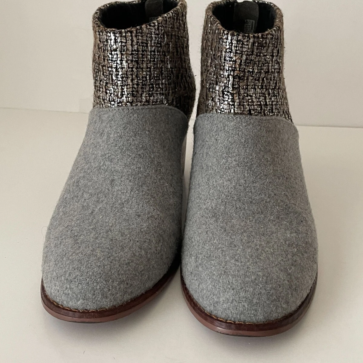 Toms Leila Bootie Grey Felt Shine Boucle Boot Stacked Block Heel