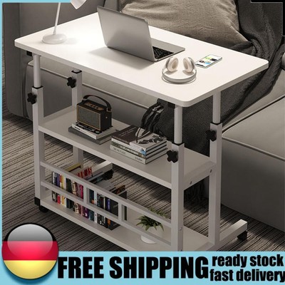 Mobile Rolling Study Table with Rolling Wheels Wooden Laptop Table Storage Shelf