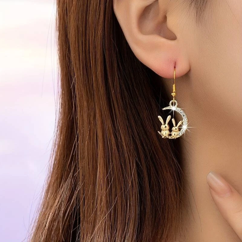 18K Gold Filled " Two Little Bunny Rabbits Sat On The Moon" Hook Earrings - Image 2 of 4