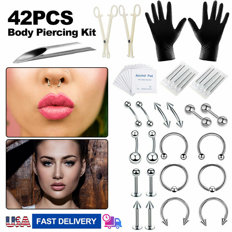 42pcs/lot Professional Body Piercing Tool Kit Ear Nose Navel Nipple Needles  Set