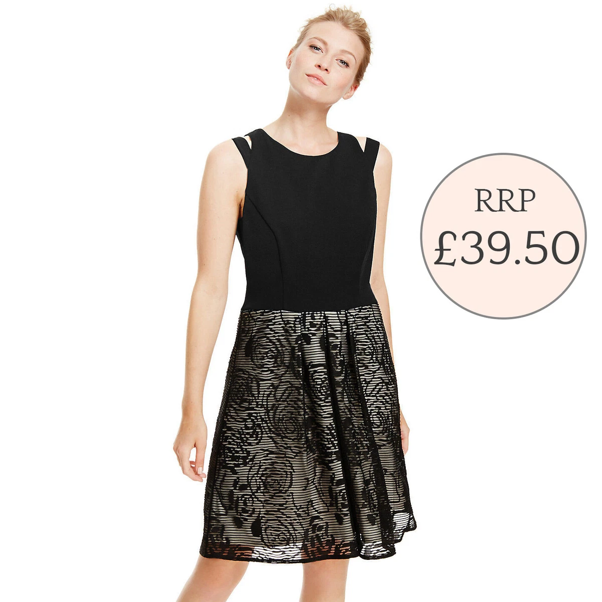 ex M S Cut Shoulder Black Skater Dress with Overlay Skirt Sizes 8