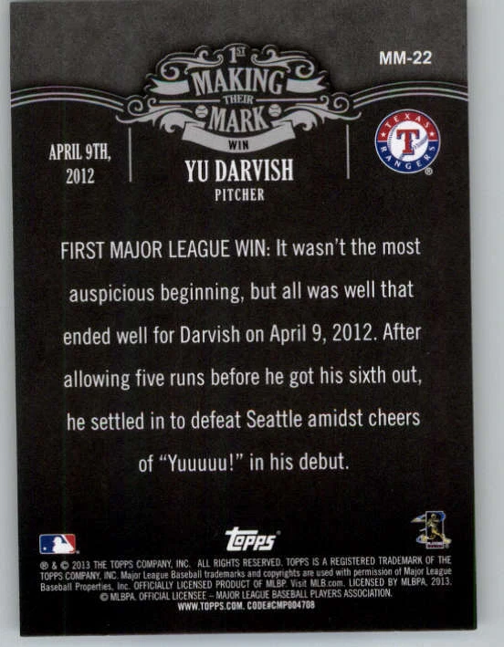 2013 Topps Making Their Mark #MM22 Yu Darvish (ref 150766) - Image 2 of 2