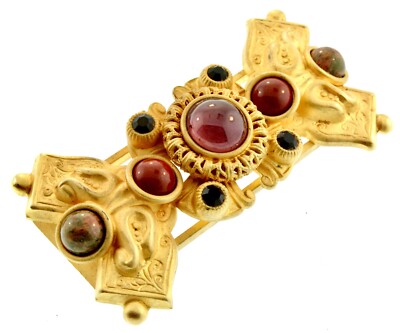 NATASHA STAMBOULI Etruscan Style 24K GP Amethyst Carnelian Onyx Agate Brooch Pin