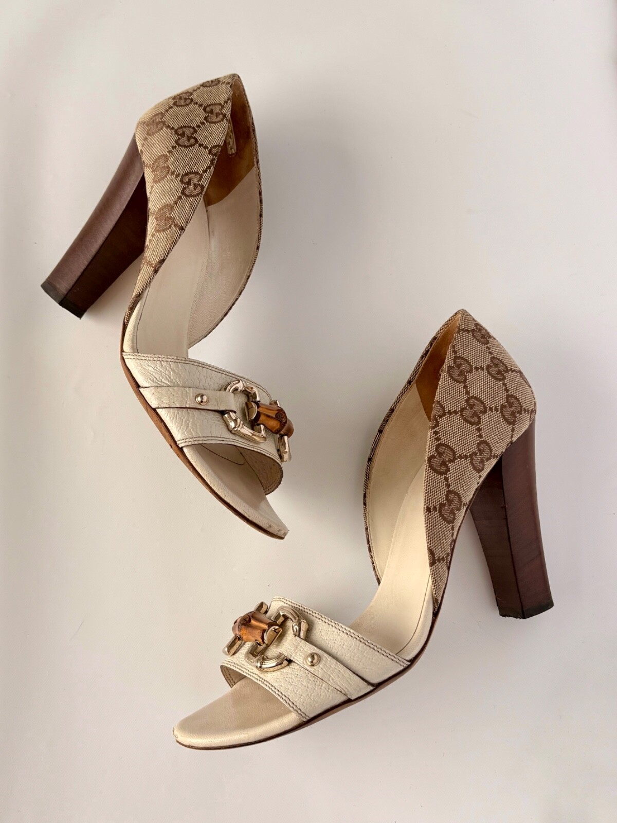 GUCCI Horsebit D'Orsay White Leather Canvas Open-Toe Sandals Size 38 US 7