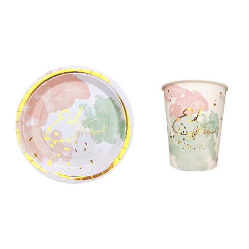 Servizio da tavola Eid Mubarak Party - tazze di carta piatti tovaglioli oro pastello acquerello  - Foto 4 di 8