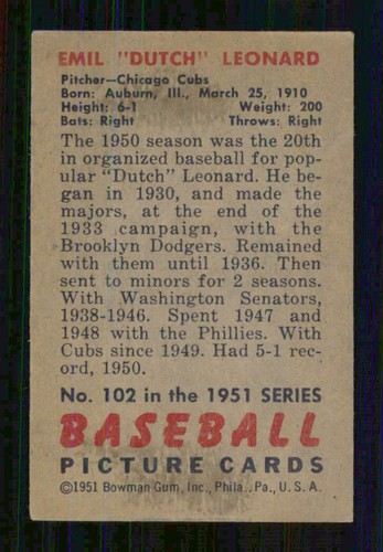 1951 BOWMAN # 102 EMIL LEONARD 18220 - Picture 2 of 2