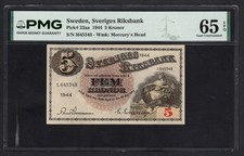 Sweden 5 Kronor 1944 P33aa Uncirculated Grade 65
