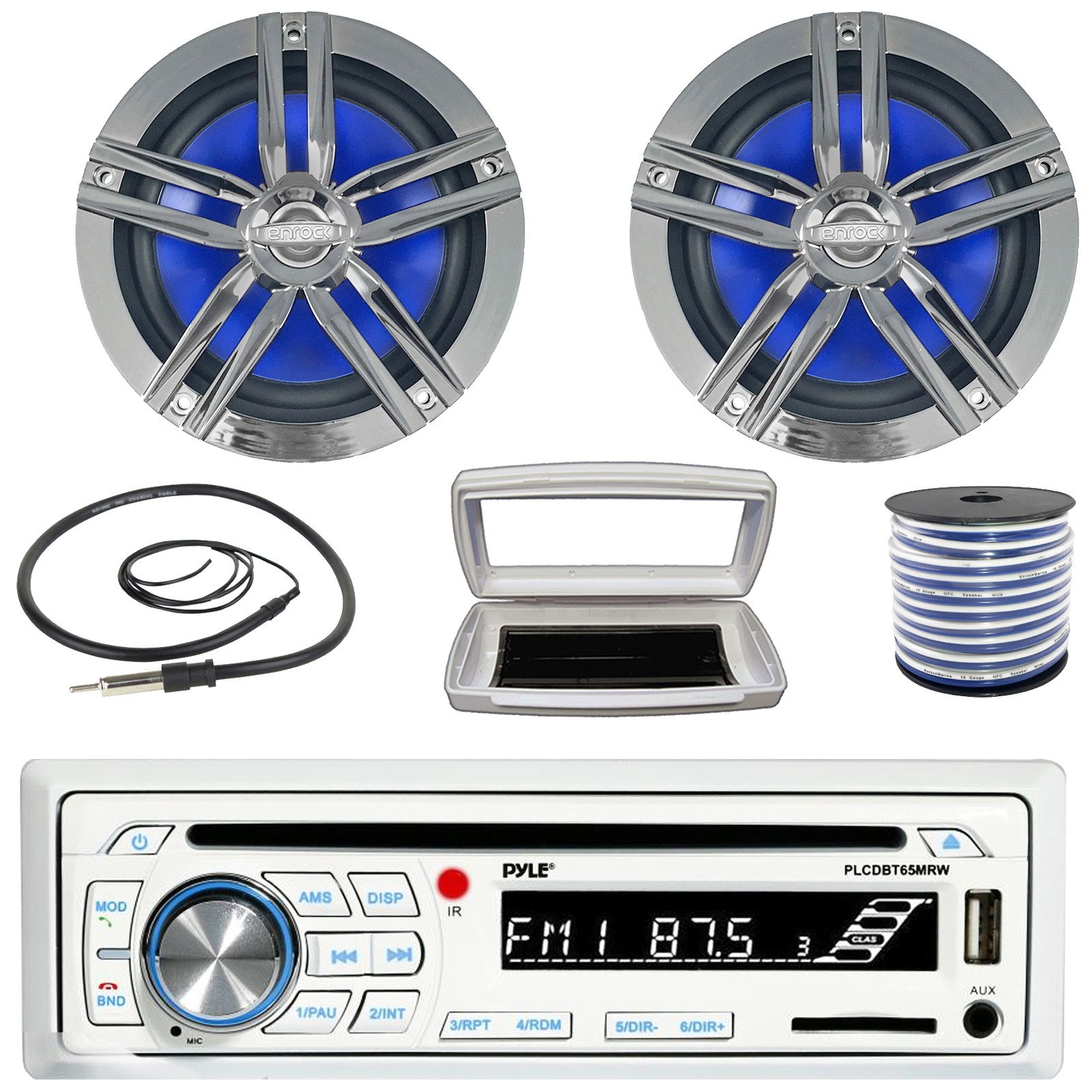 Pyle 1-DIN Bluetooth Marine CD Stereo W/White Cover, 2x 6.5"