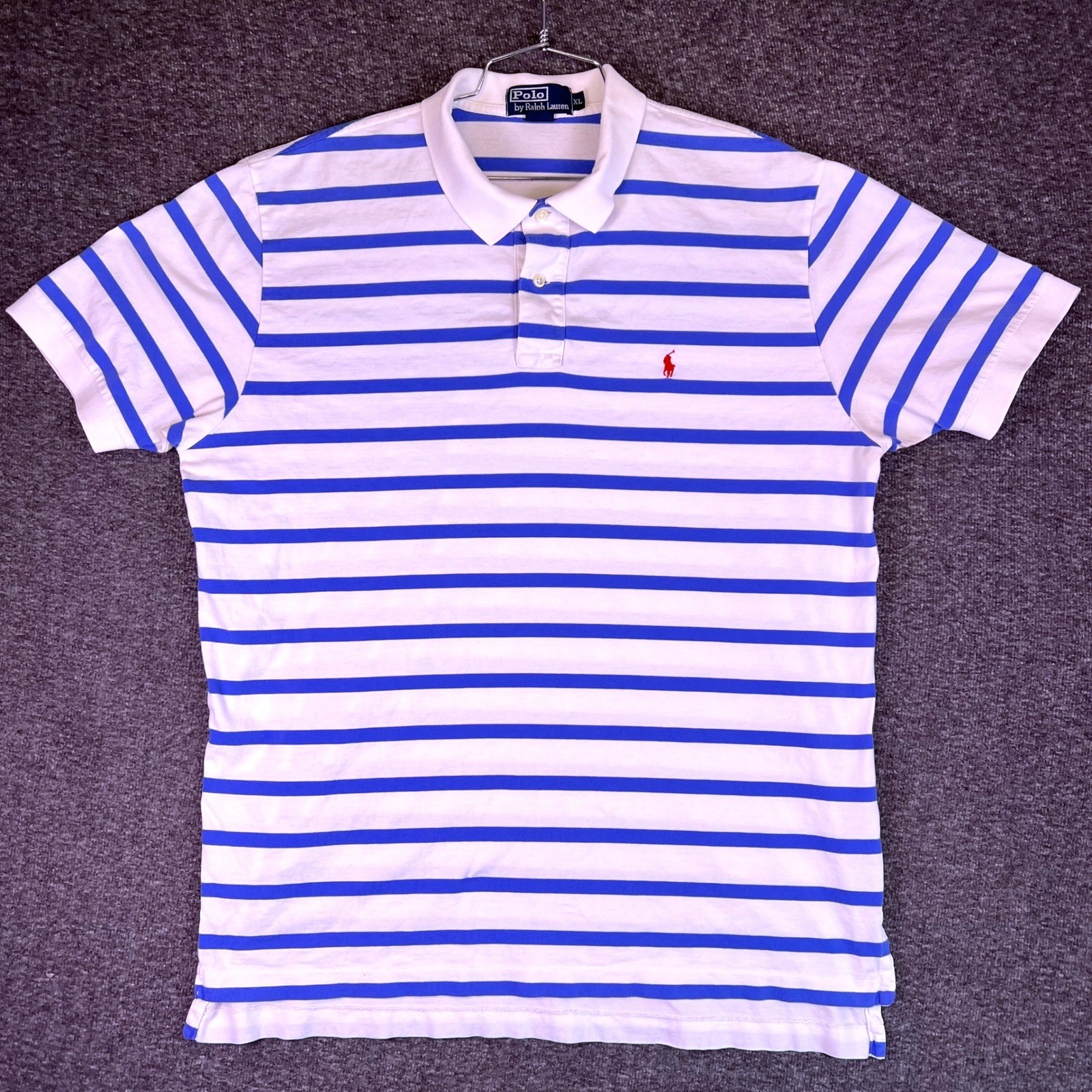 VTG Polo Ralph Lauren Shirt Men XL Striped Short Sleeve Red Pony Logo White Blue