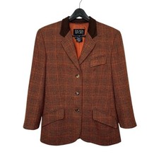 1990 Escada Sport brown plaid tweed blazer brown suede collar