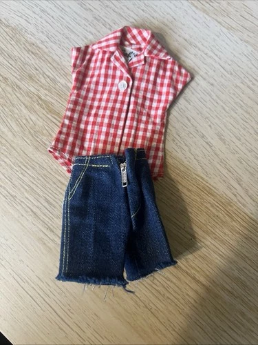 Vintage Mattel BARBIE MODIFIED BLUE JEANS & RED CHECKED BLOUSE 967 Picnic Set