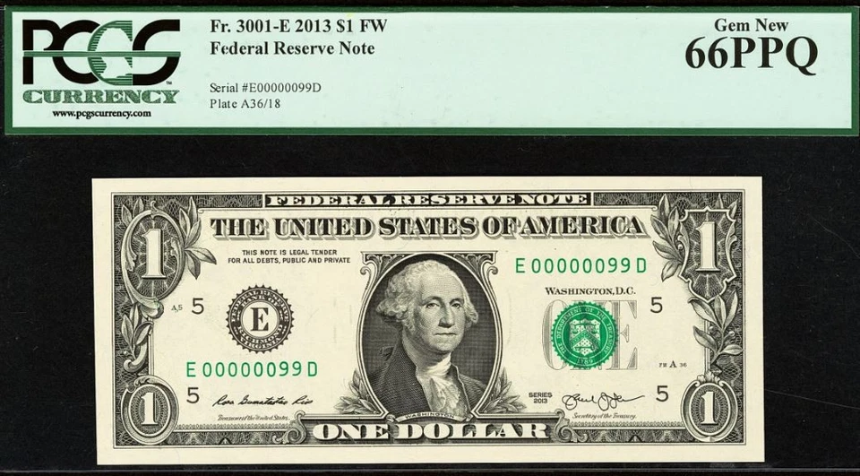 2013 $1 Federal Reserve Note PCGS 66PPQ - Fancy Birthday Serial Number 00000099 - Image 2 of 3