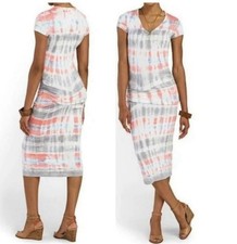 Young Fabulous & Broke Batik Coral Gray Araya V-neck Rushed Midi Dress Medium