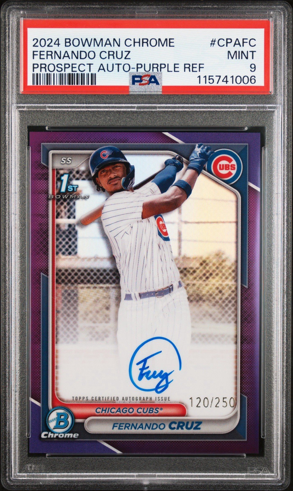 2024 Bowman Chrome Fernando Cruz 1st Purple Refractor Auto /250 PSA 9 MINT Cubs