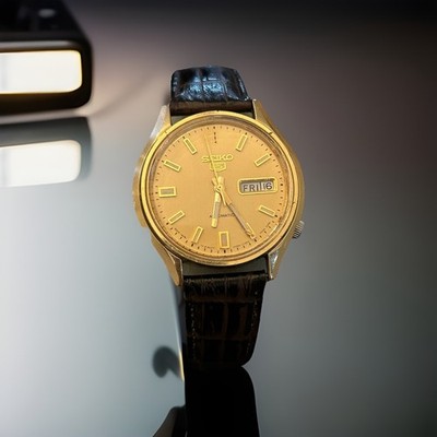 Vtg Seiko 5 Automatic Watch Men 35mm Gold Tone Day Date 6309-8230 - USA Seller