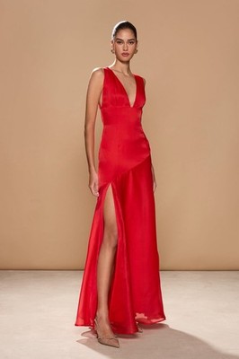 New Sonya Moda Alma Plunge Bias Cut Silk Organza Gown In Lola Red Size M $420