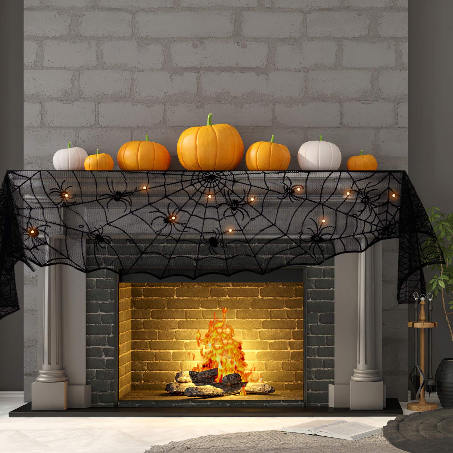 Halloween Decorations Indoor - Mantel with String Lights Lace Spiderweb