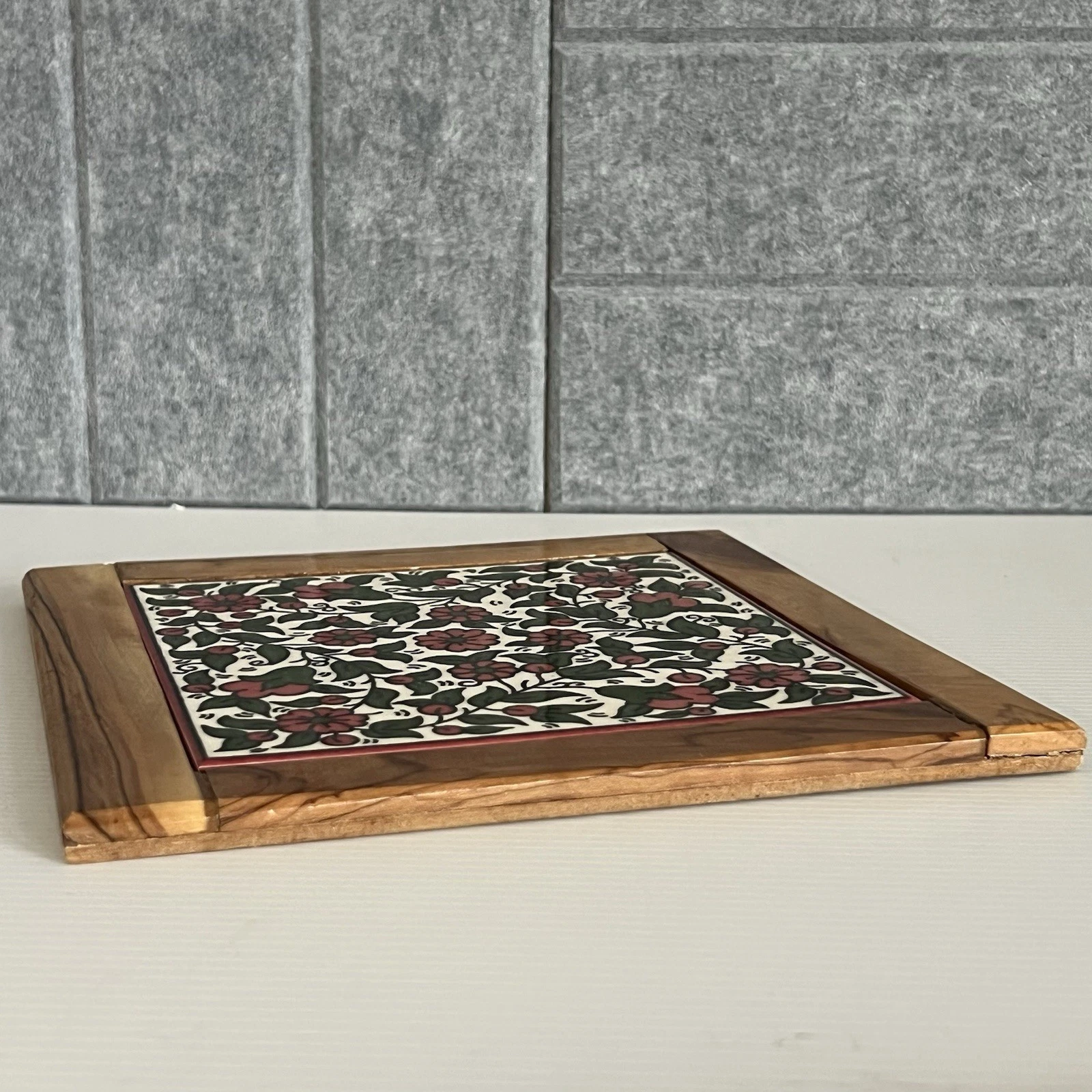Vintage Tile Trivet Ceramic Floral Olive Wood Frame 8” - product detail image 4