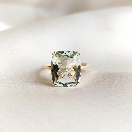 4.41 Carat Natural Green Amethyst Cushion Cut 14K Gold Band Ring Birthstone Gift - Picture 4 of 10