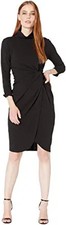 Tahari ASL Womens Ruched Sleeve Mock Neck Faux Wrap Dress Black
