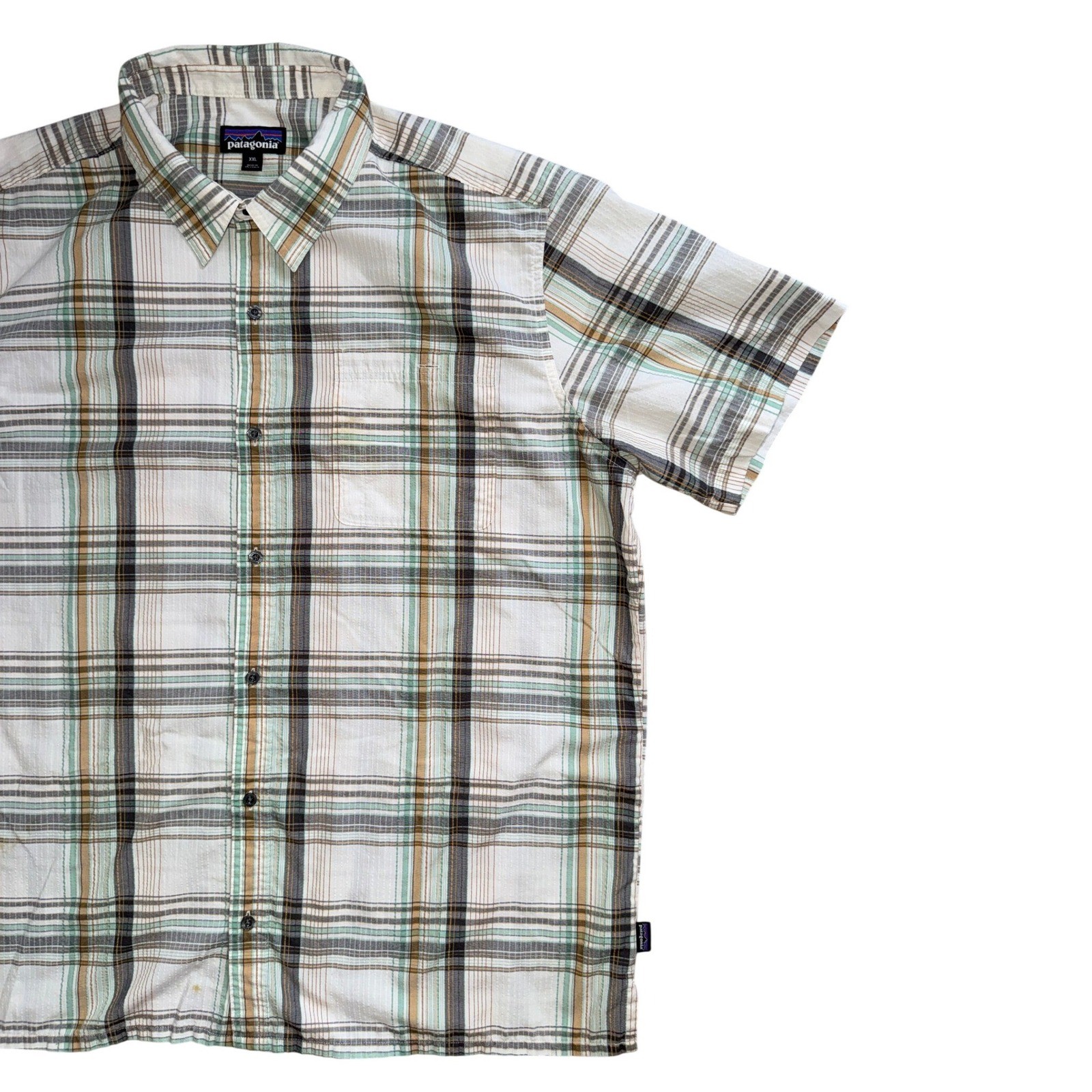 Patagonia Mens XXL Short Sleeve Button Down Plaid Shirt Green Tan White Outdoor thumbnail 2