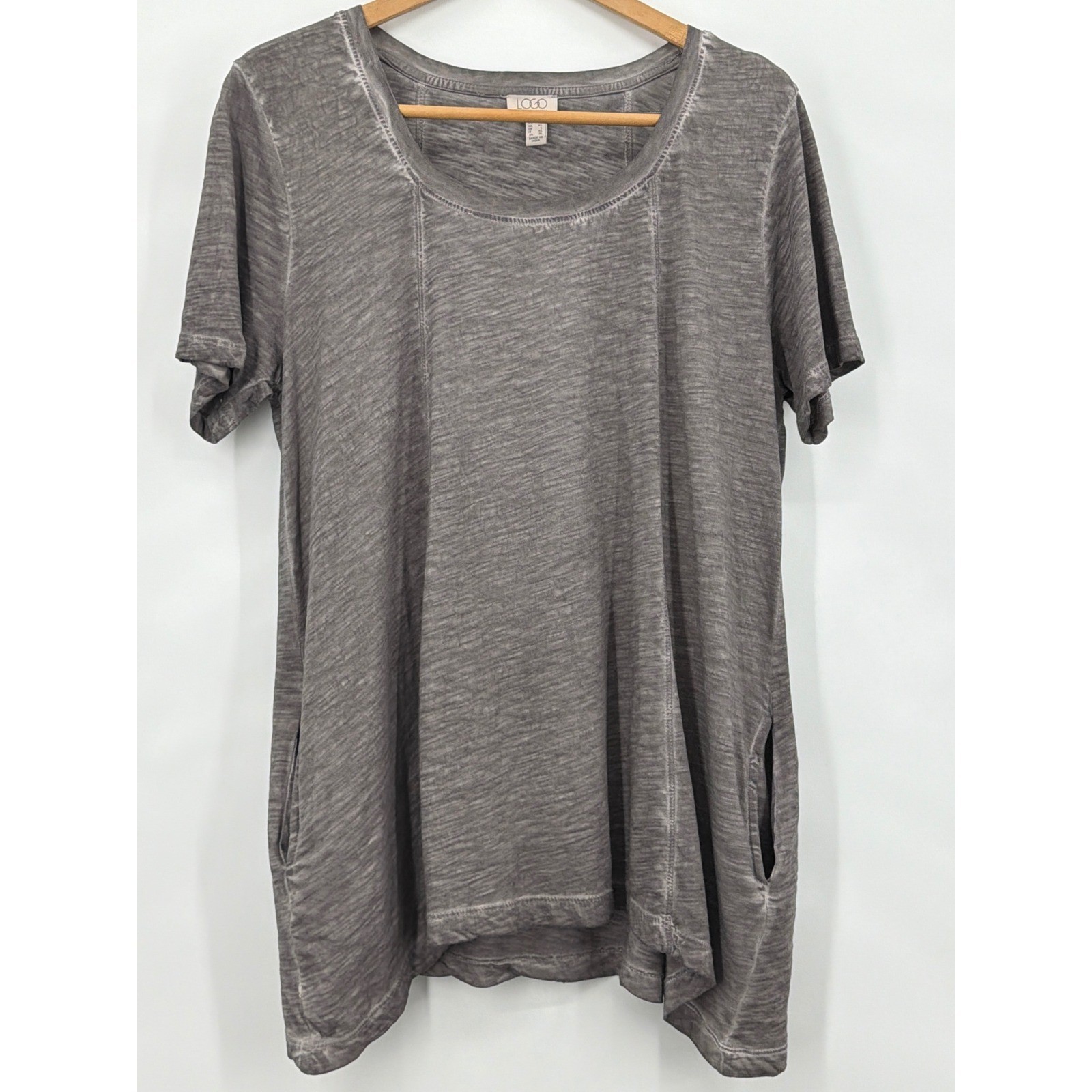 LOGO Lori Goldstein Genesis Gray Acid Wash Cotton Slub Pocket Tunic Top Large