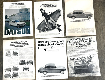 Lot 6 Vintage 1960-70s Fiat Datsun Volvo Print Ads Advertising Man Cave Shop Bar