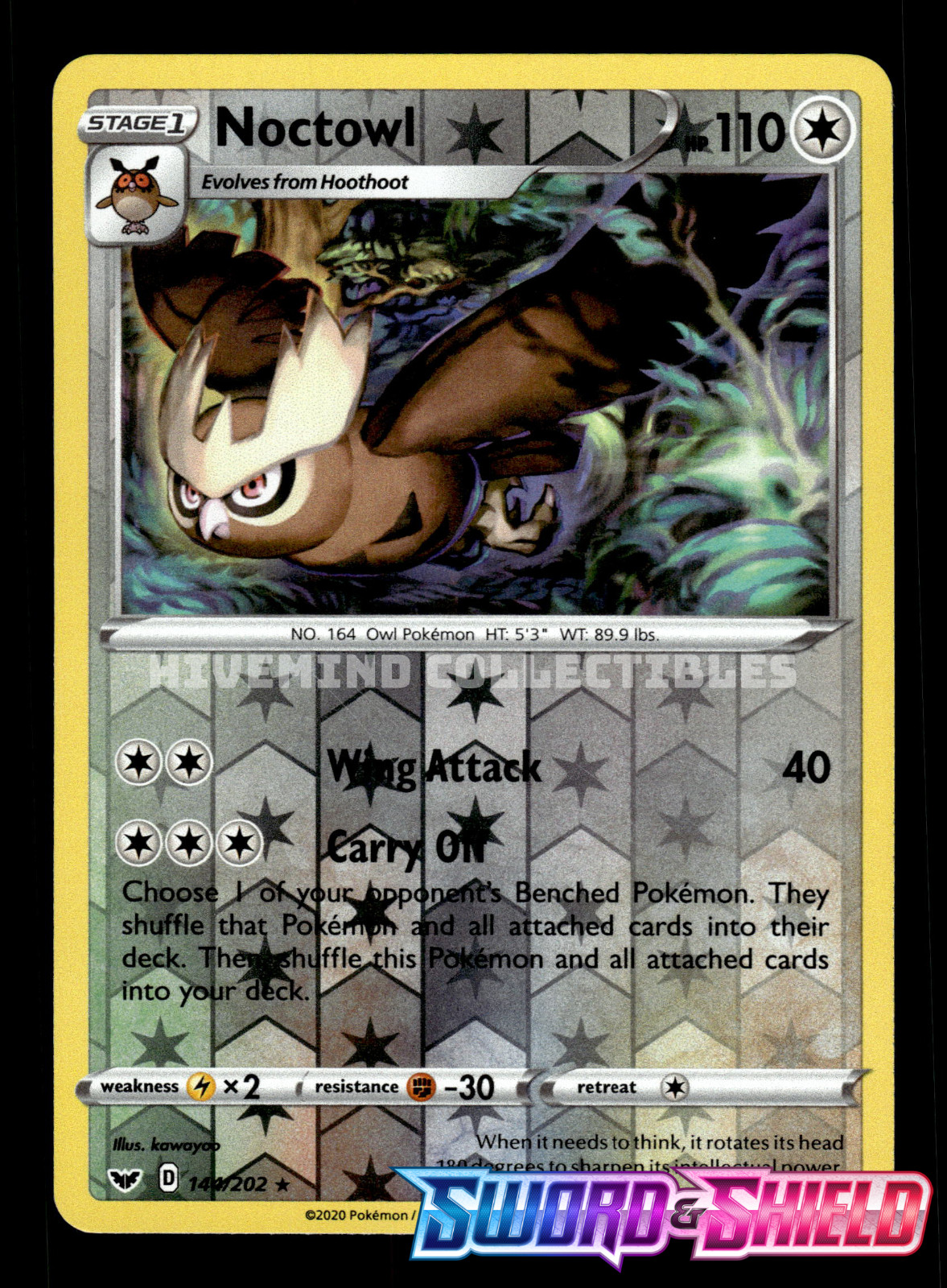 Noctowl 144/202 SWSH Base Set Reverse Holo Pokemon Card