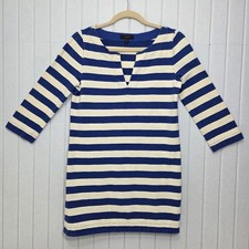 J CREW Cobalt Blue & Ivory Striped Jersey knit Tunic Dress Split Neck Size XS