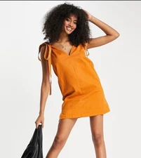 Amy Lynn mini shift dress w/ tie shoulders & contrast stitching XS Orange V Neck